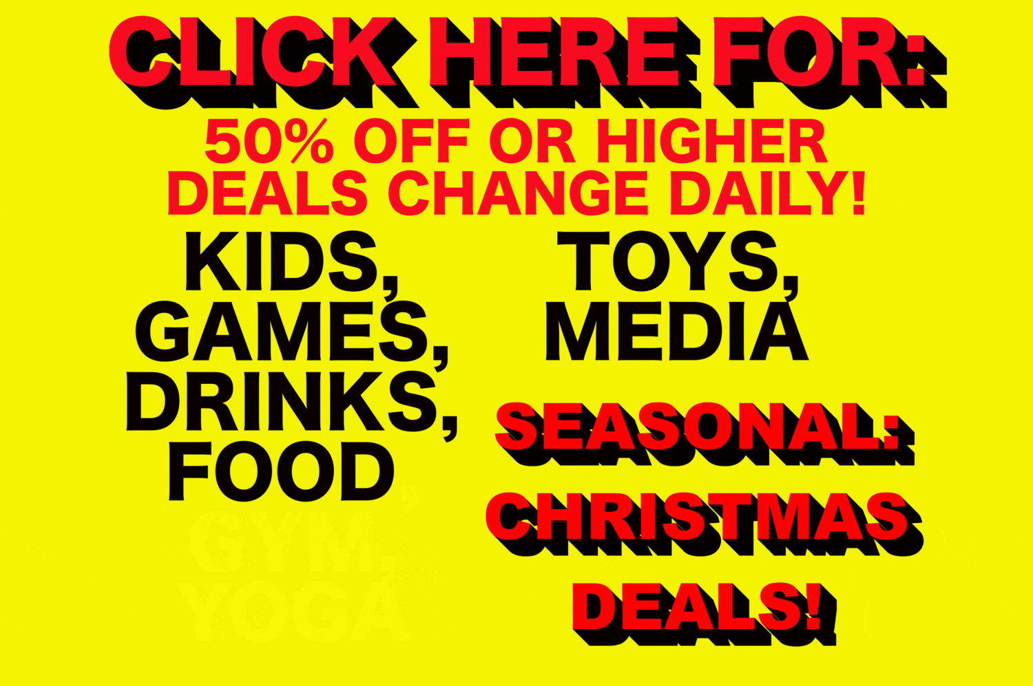 HotBogos Christmas Sale Promotion: Colorful promotional image for HotBogos featuring a 50% off sale on family-friendly items such as games, food, toys, media, and drinks. The image highlights festive Christmas savings with decorations, gifts, and seasonal deals, inviting families to shop for holiday essentials and celebrate the season.