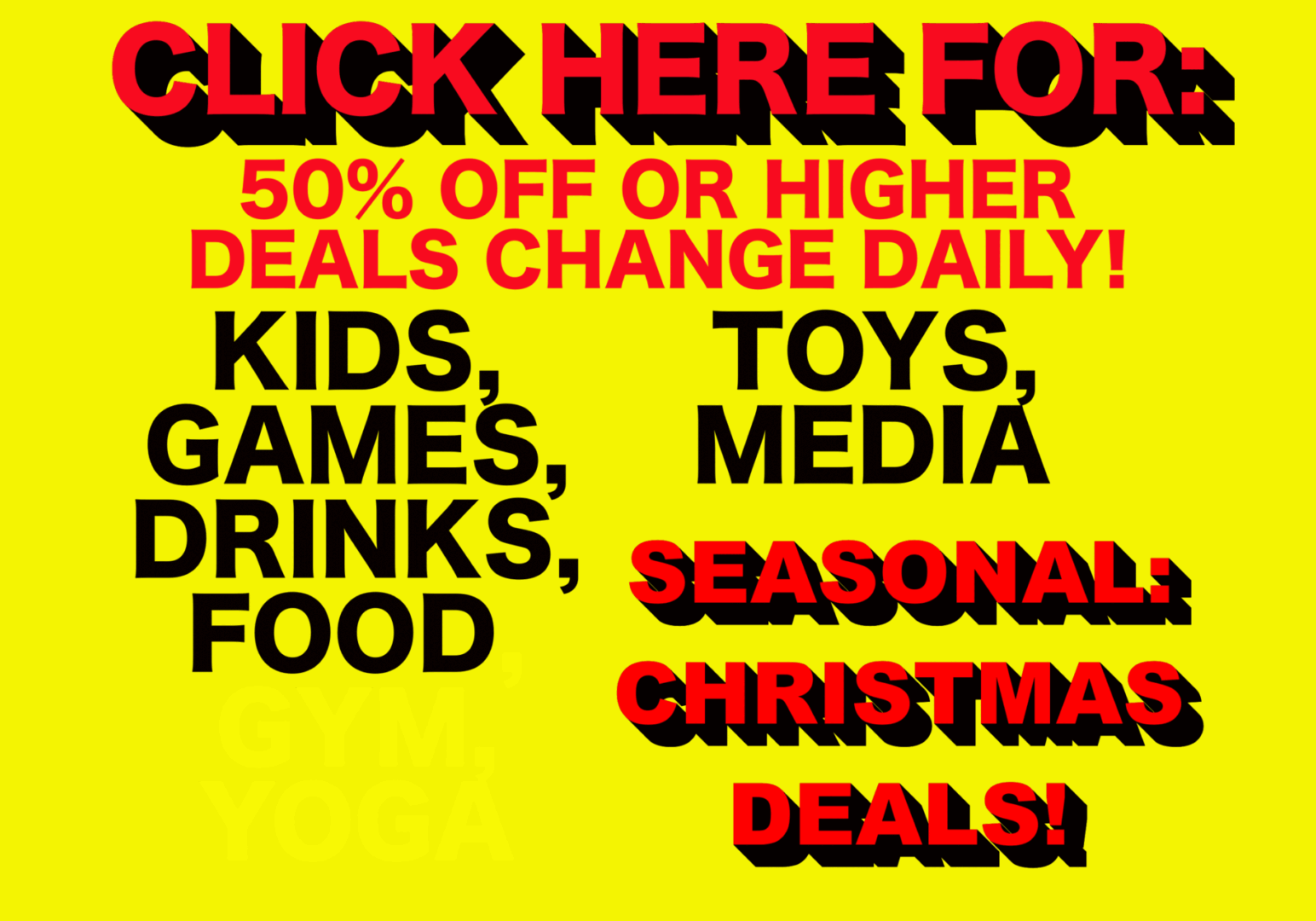 HotBogos Christmas Sale Promotion: Colorful promotional image for HotBogos featuring a 50% off sale on family-friendly items such as games, food, toys, media, and drinks. The image highlights festive Christmas savings with decorations, gifts, and seasonal deals, inviting families to shop for holiday essentials and celebrate the season.